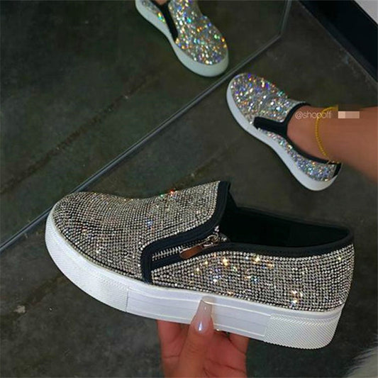 Loafers Women's Rhinestone Shoes Casual Round Toe Side Zipper Flats Shoes