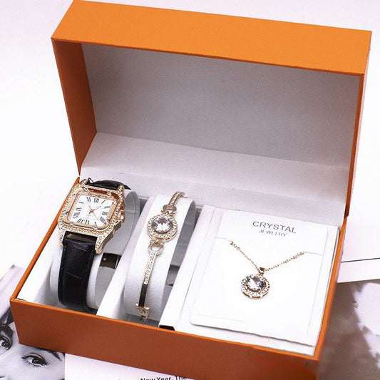 Women’s Leather Strap Wrist Watch Gift Set – Includes Watch, Bracelet & Necklace – Elegant Fashion Set