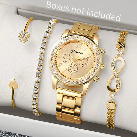 4PCS/Set Fashion Rhinestone Women Watches Luxury Steel Band Ladies Quartz Watch Bracelets Set (Without Box）