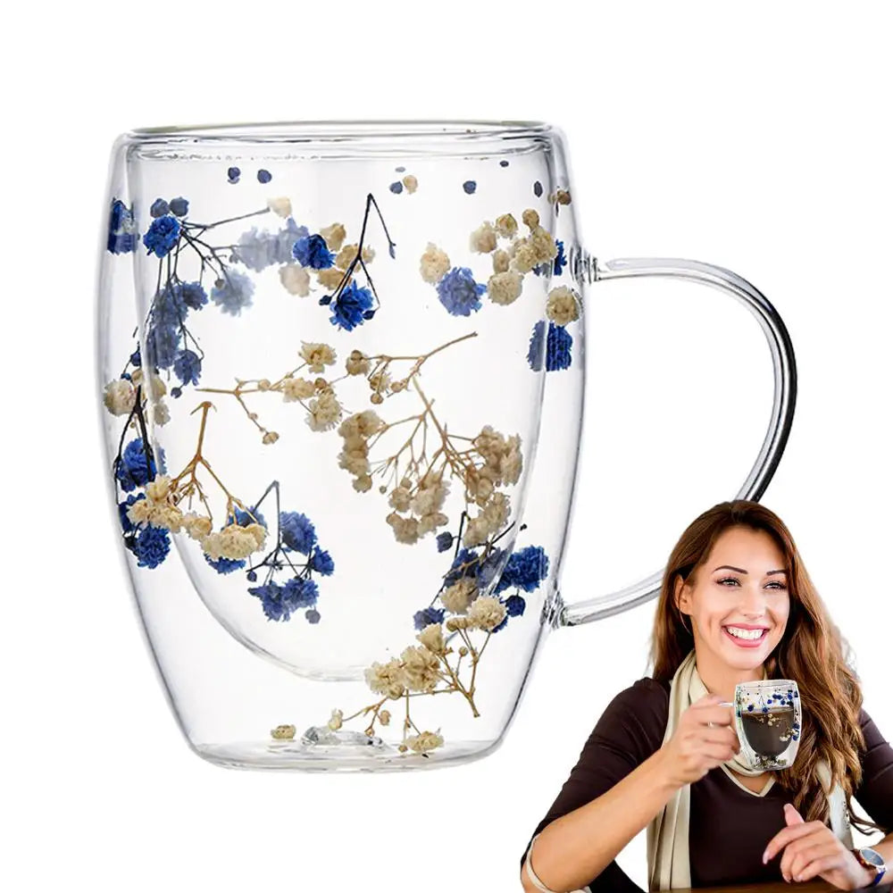 Fillings Dry Flowers Double Wall Glass Cup With Handle Heat Resistant Tea Coffee Cups Espresso Milk Mug Creative Gift 350ml