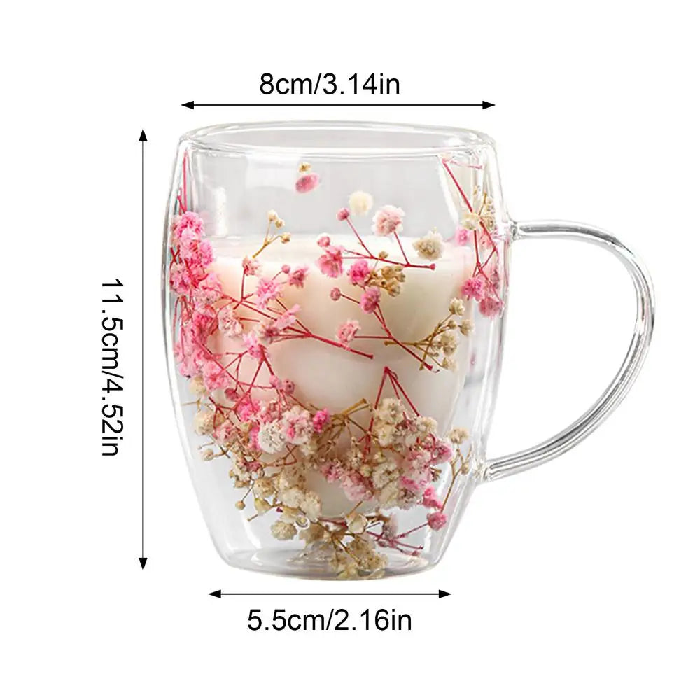 Fillings Dry Flowers Double Wall Glass Cup With Handle Heat Resistant Tea Coffee Cups Espresso Milk Mug Creative Gift 350ml