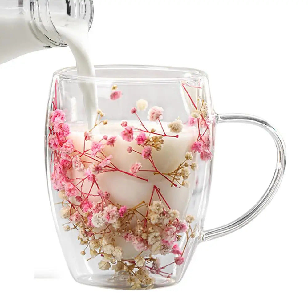 Fillings Dry Flowers Double Wall Glass Cup With Handle Heat Resistant Tea Coffee Cups Espresso Milk Mug Creative Gift 350ml